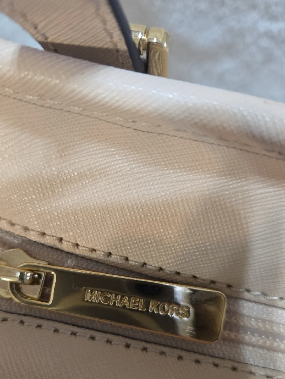 Michael Kors Nude Saffiano Leather Tote with Gold MK Charm - Picture 4 of 8